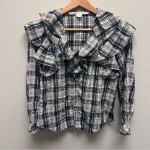 Veronica Beard‎ Black and White Plaid Ruffle Shirt Blouse Womens size 0 Cotton